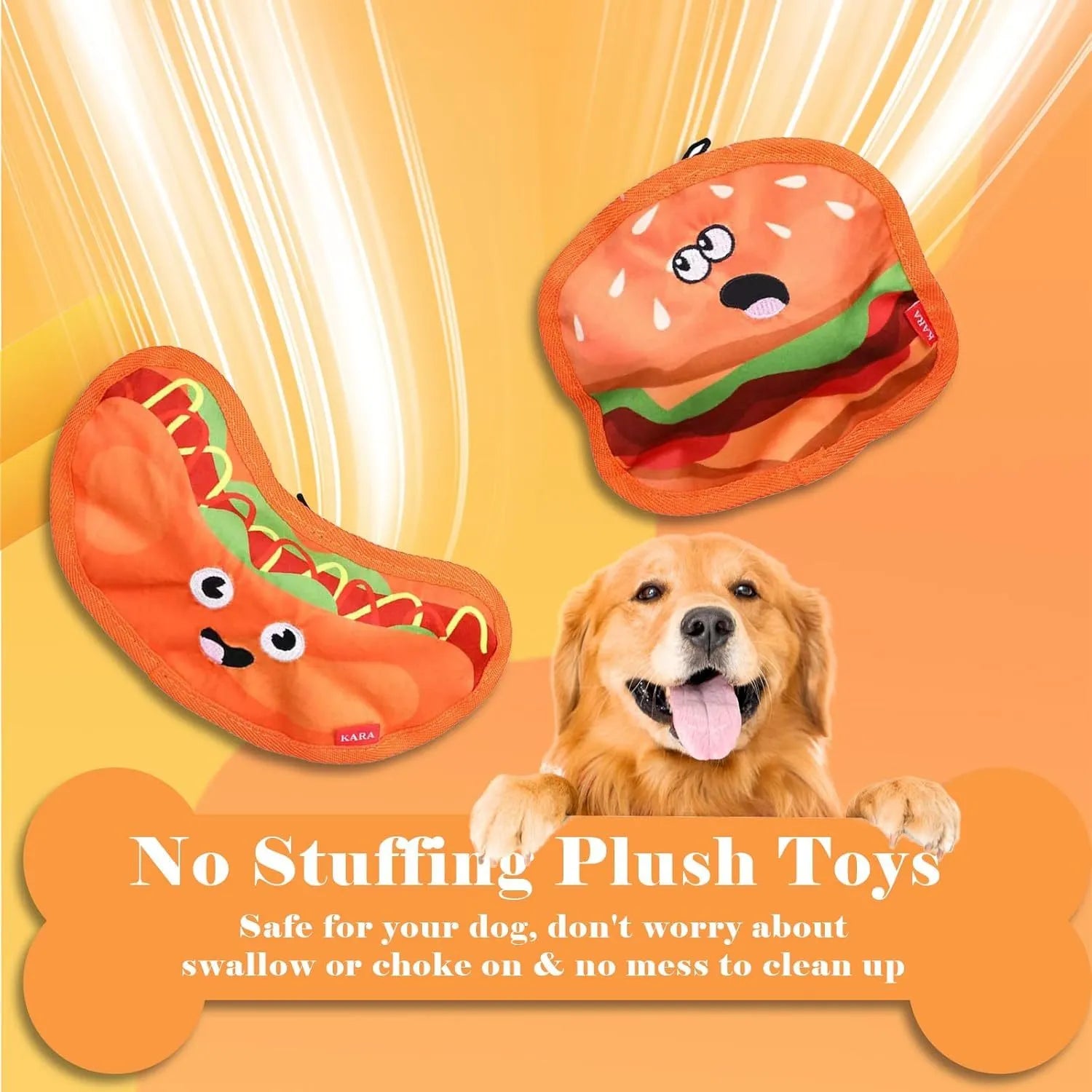 Crinkle and squeaky dog toys in hamburger, fries, hot dog and pizza designs without stuffing