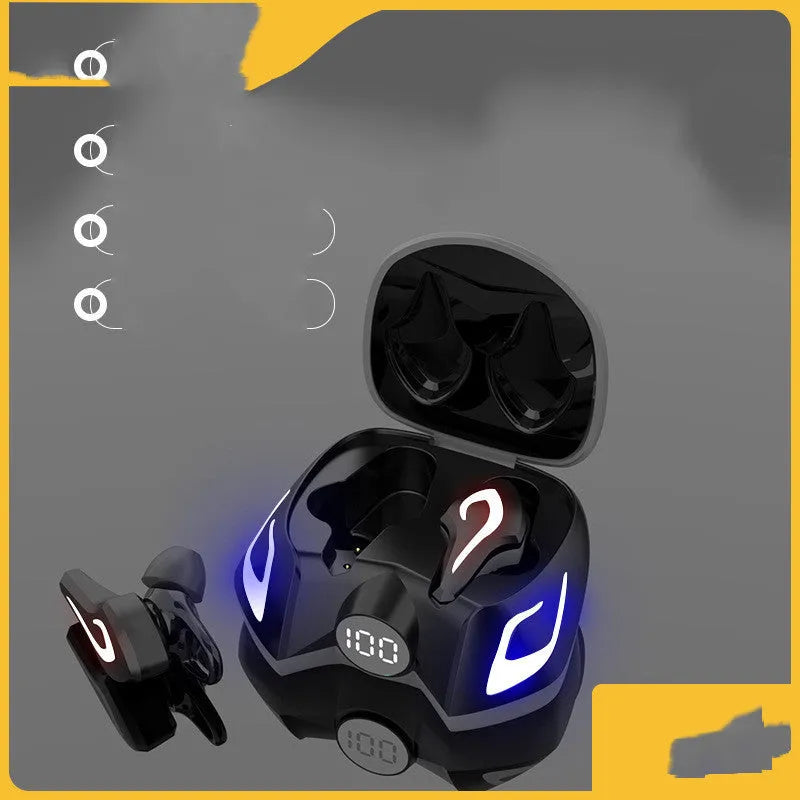Wireless Bluetooth gaming headset with earplug design in black, dark grey, and yellow colour options