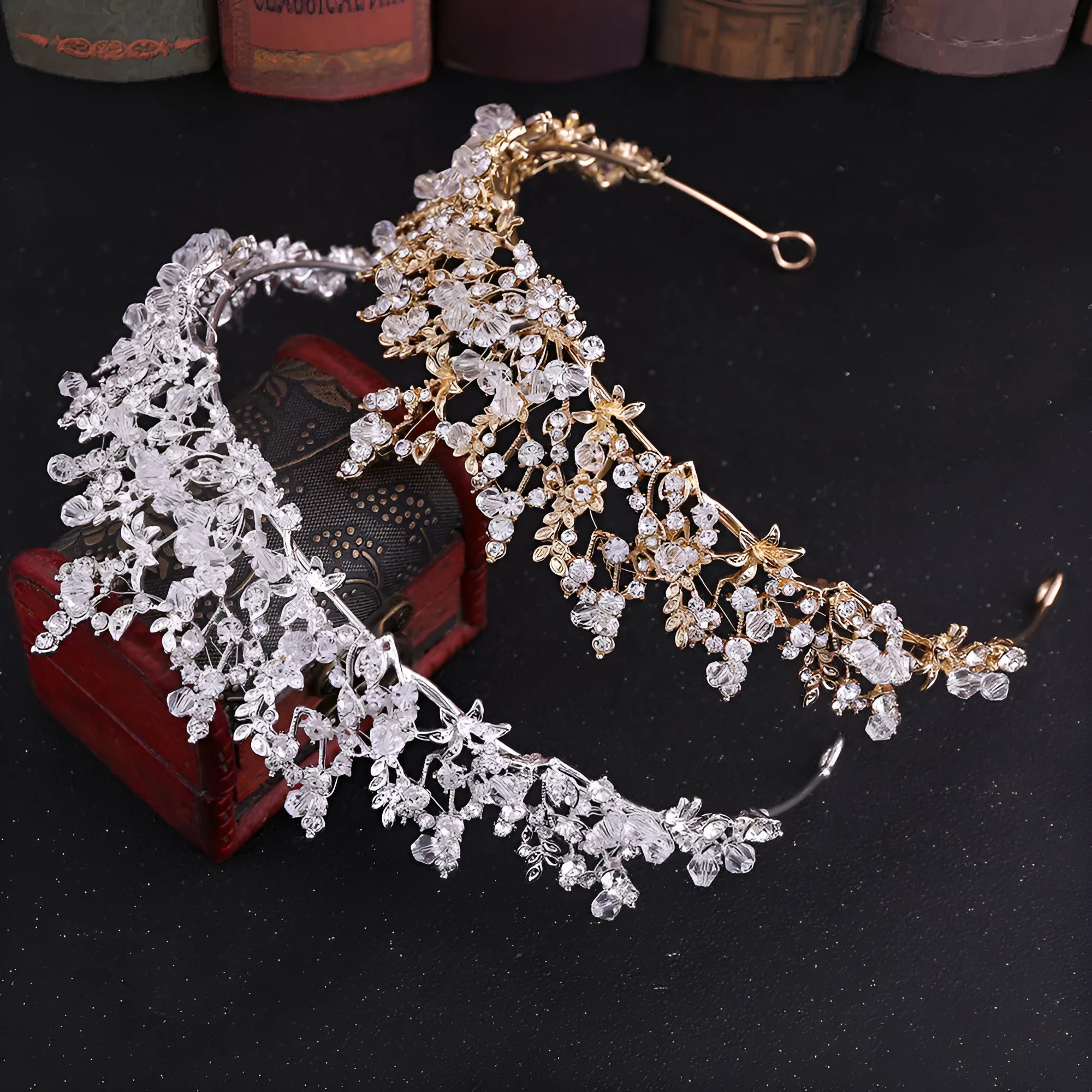 Handmade white crystal crown on alloy base in KC gold finish, 15cm by 5.6cm