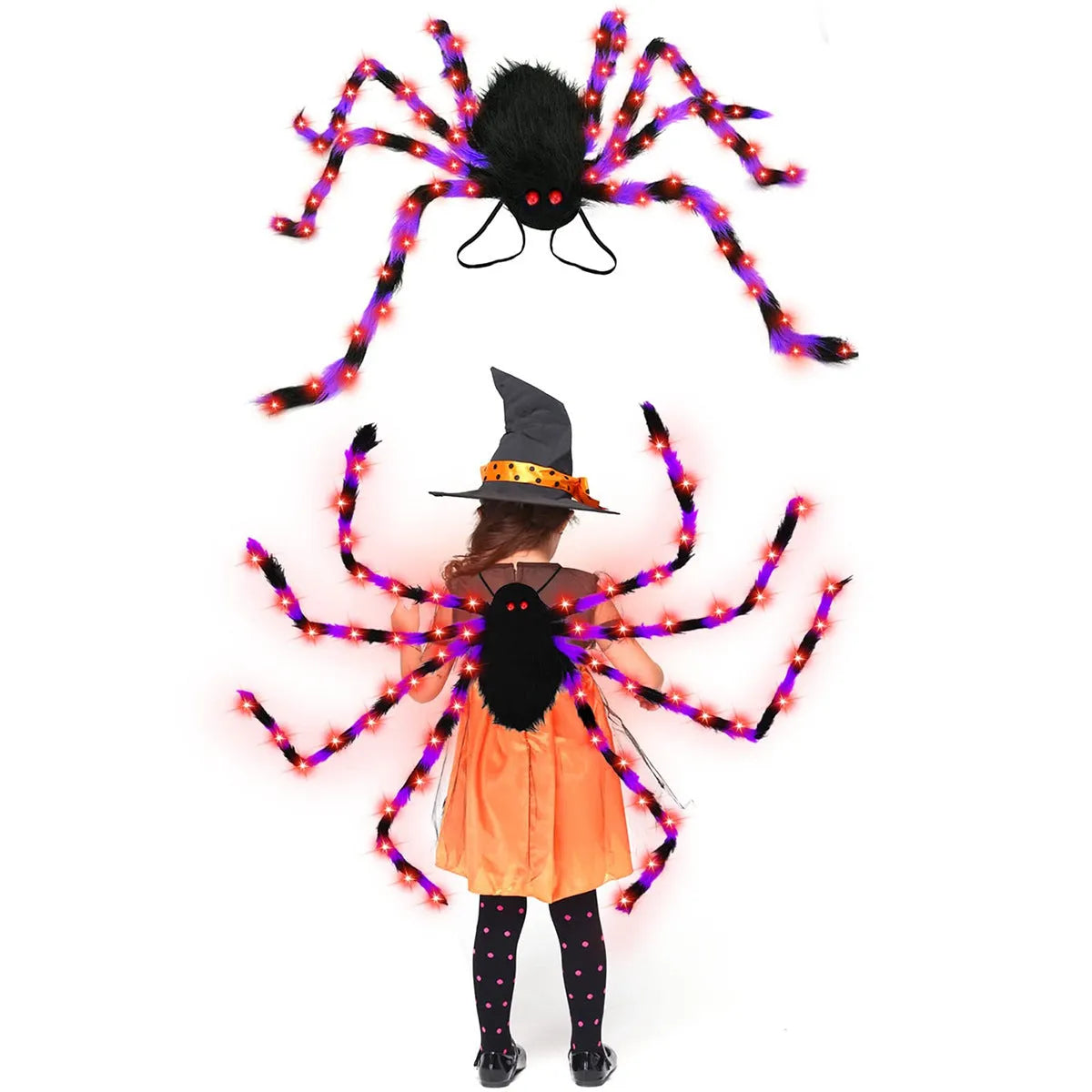 Plush Halloween Spider Backpack with purple LED lights, shown in one of five colour options.