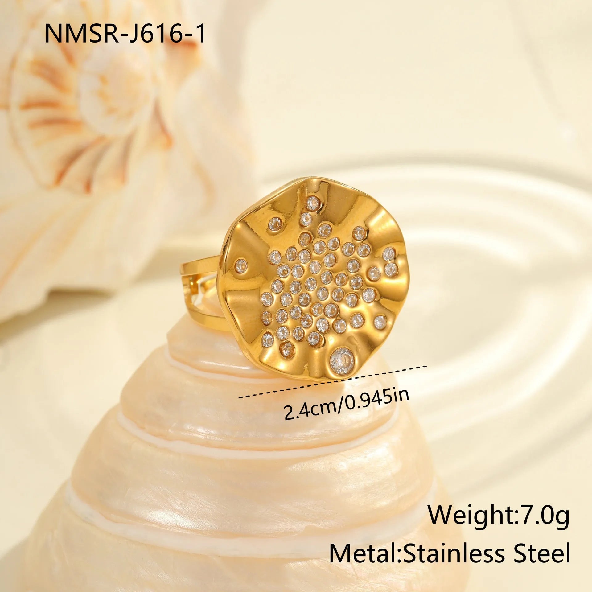 Geometric pleated stainless steel ring with open mouth adjustable design and inlaid coloured crystals