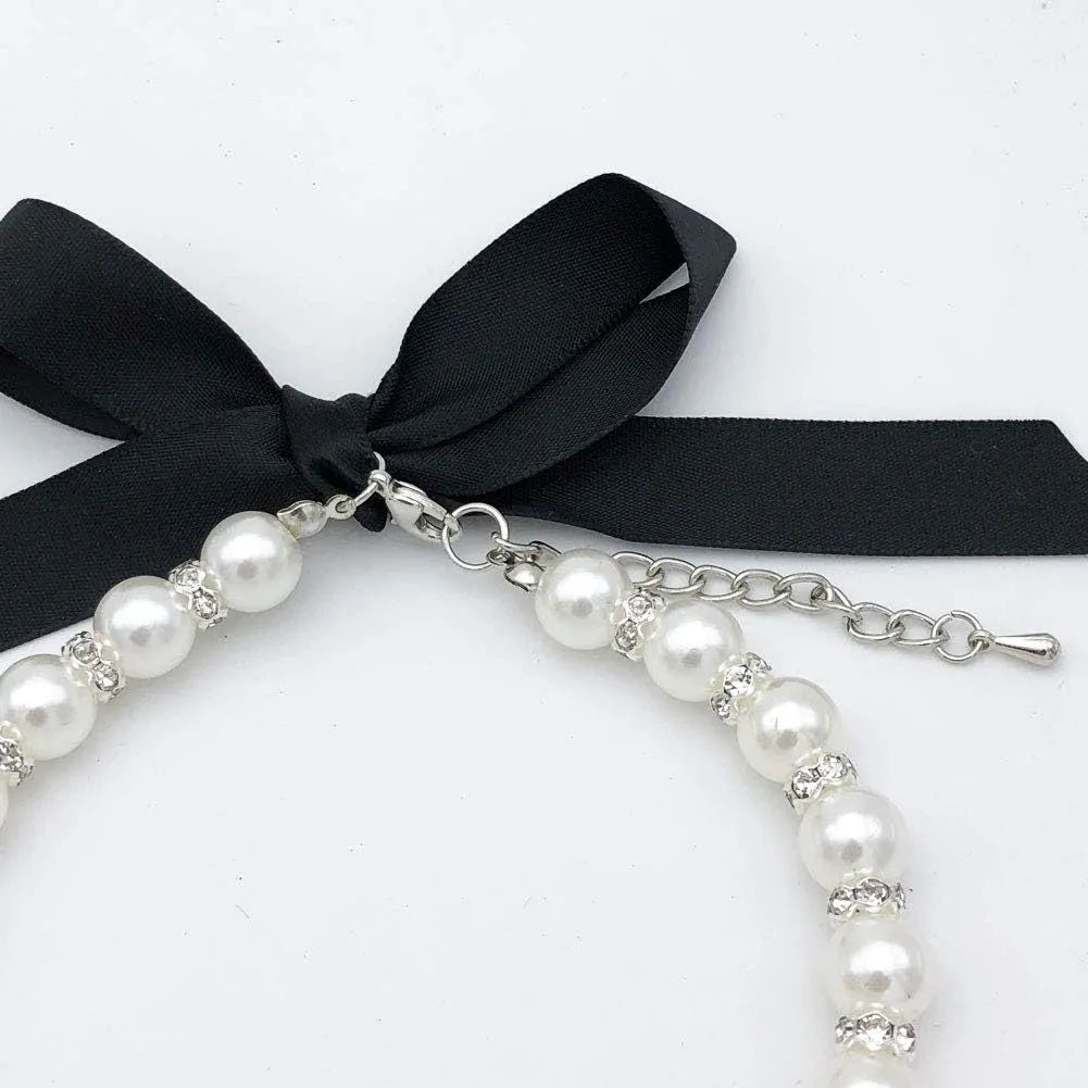 Small dog wearing blue pearl and rhinestone necklace with ribbon bow