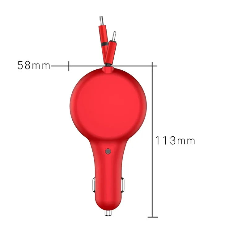 Black retractable car charger with two cables extended, showing Type-C and iPhone charging heads