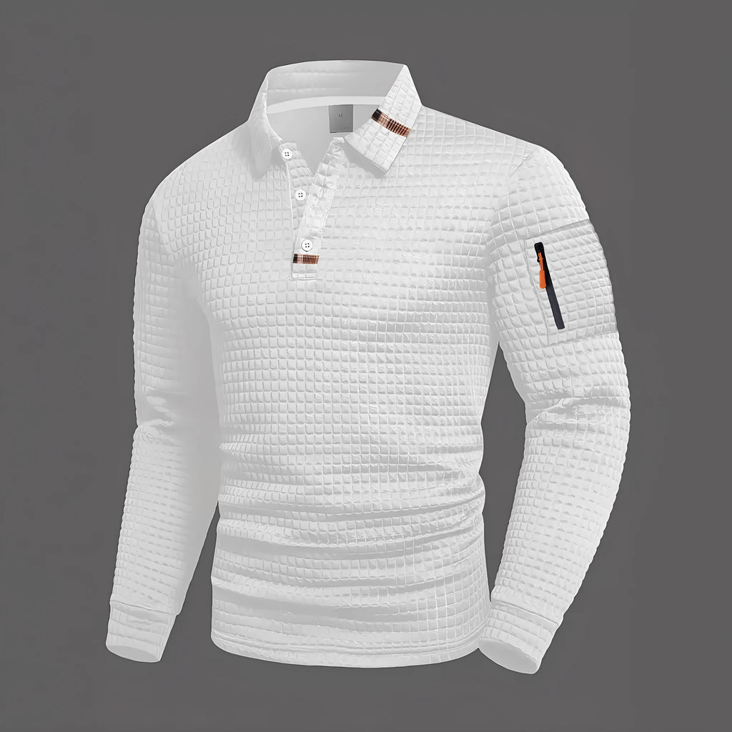 Mens patchwork checkerboard casual sports polo shirt long sleeve polyester blend