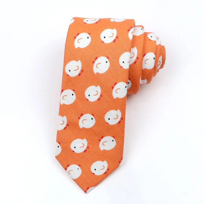 Korean style narrow men's cotton bow tie with a printed cartoon pattern in a selected colour.