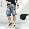Blue men's ripped denim shorts with graffiti details and straight-leg cut