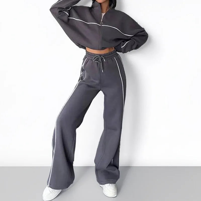 Casual striped suit set with mock neck hoodie and trousers in six colour options