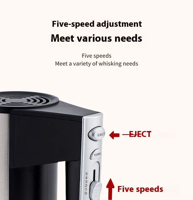 SL-25209 model handheld electric mixer with beaters attached, showing speed control dial