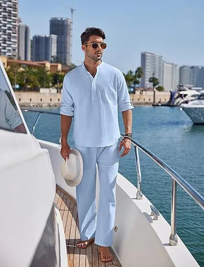 Men's casual cotton two-piece suit with long sleeves and trousers in a solid colour