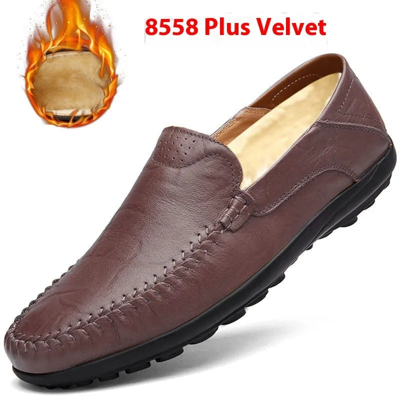 Men's brown leather casual shoes with round toe design and rubber sole for business casual wear