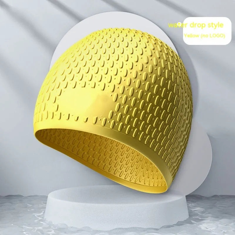 Adult silicone swimming cap with water drop design in various solid colours