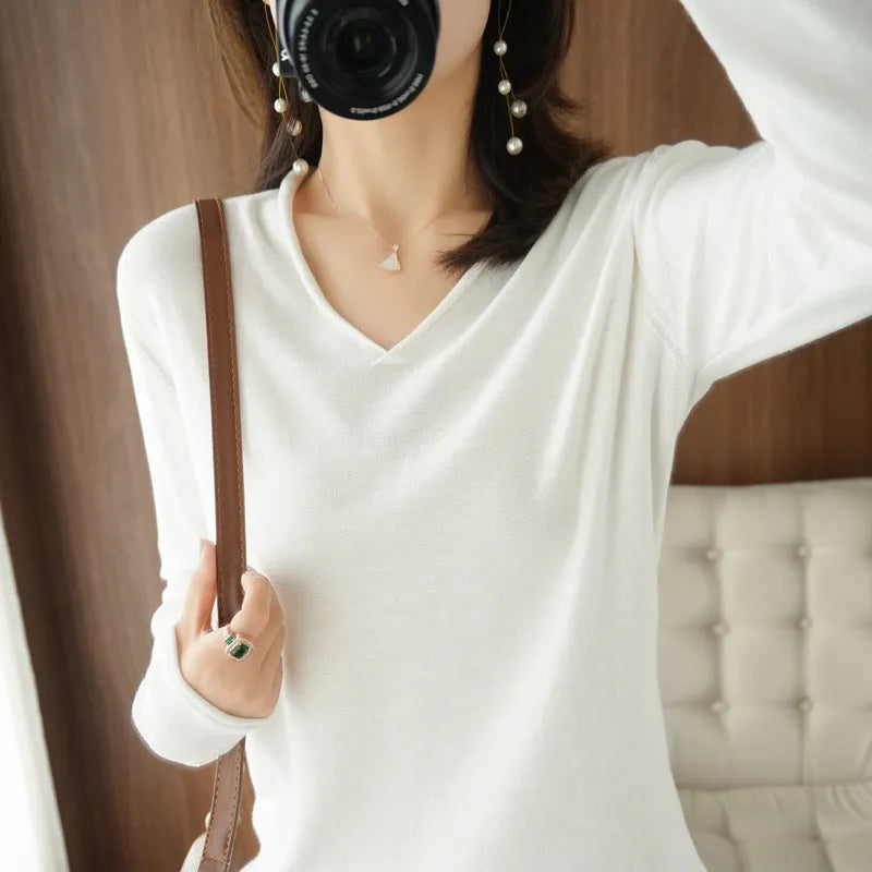 Women's V-neck long sleeve knitwear pullover top in a macaron colour, showcasing non-iron elegant style.