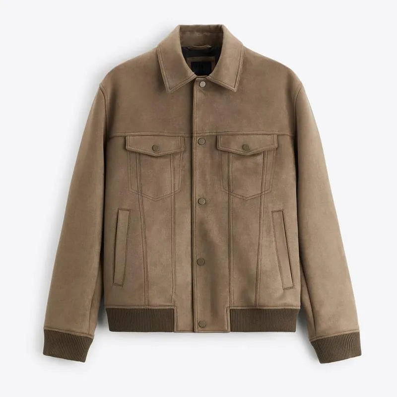 British style long sleeve commuter jacket in soft velvet fabric, available in light gray or mink colours.