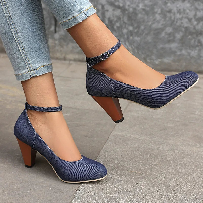 Women's blue denim platform heels with buckle closure and thick 6-8cm heel