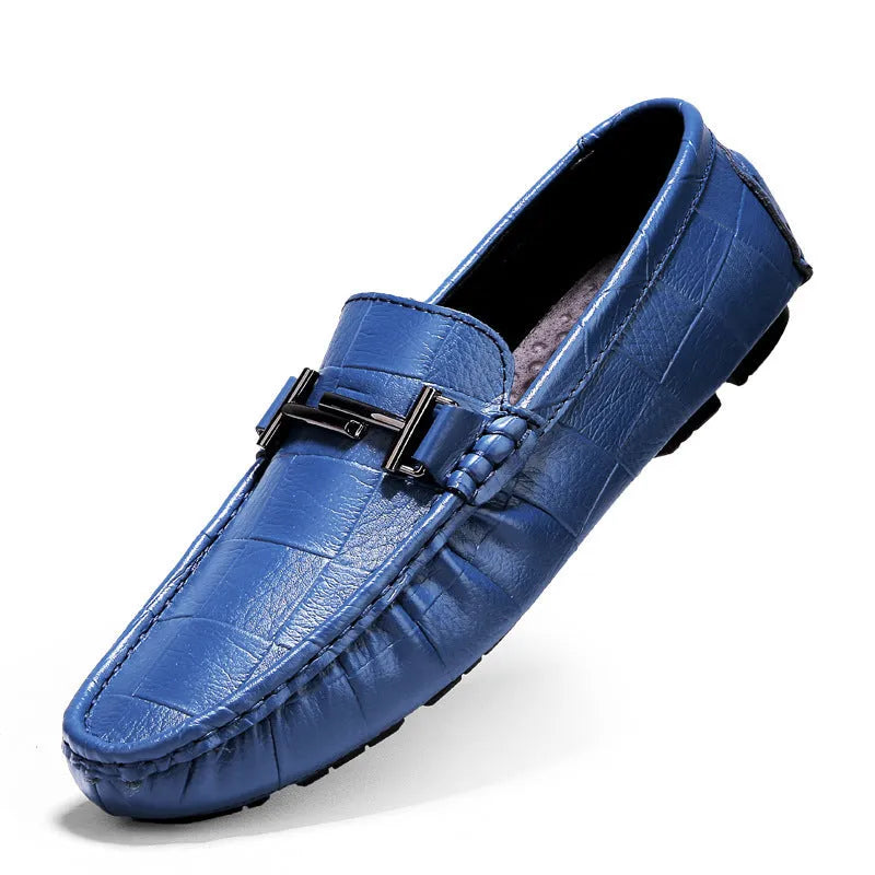 Men's casual leather loafers with belt buckle detail showing black colour option