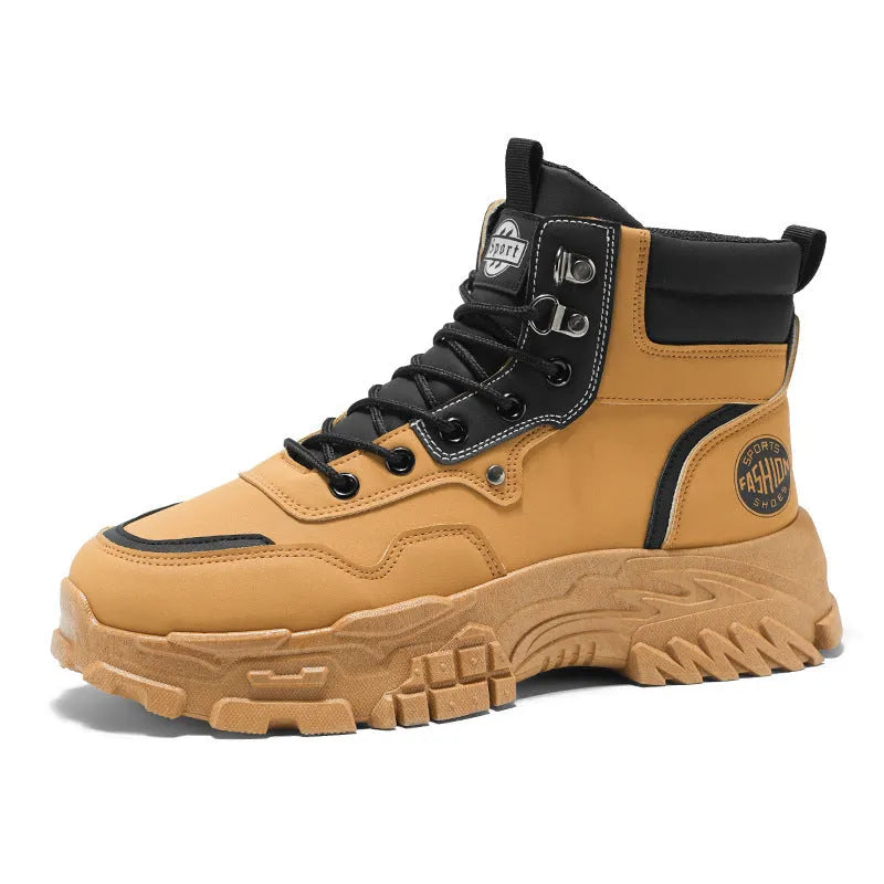 Men's black and yellow Martin boots with artificial PU upper and injection moulded soles