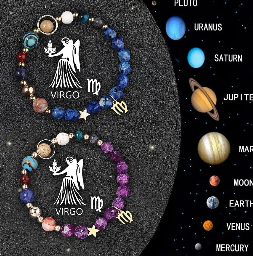 Set of twelve natural stone beaded bracelets featuring different zodiac sign designs
