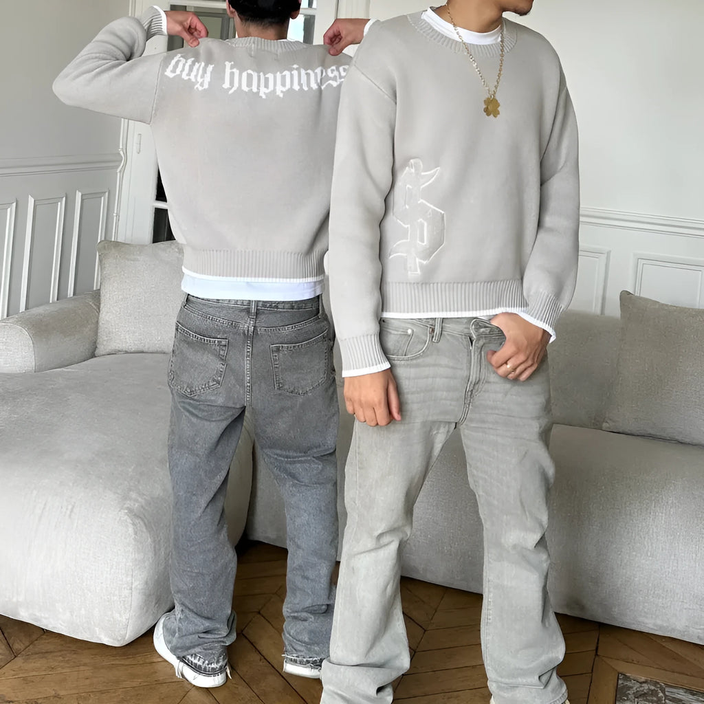 Grey jacquard loose-fitting knitwear coat with long sleeves for autumn and winter