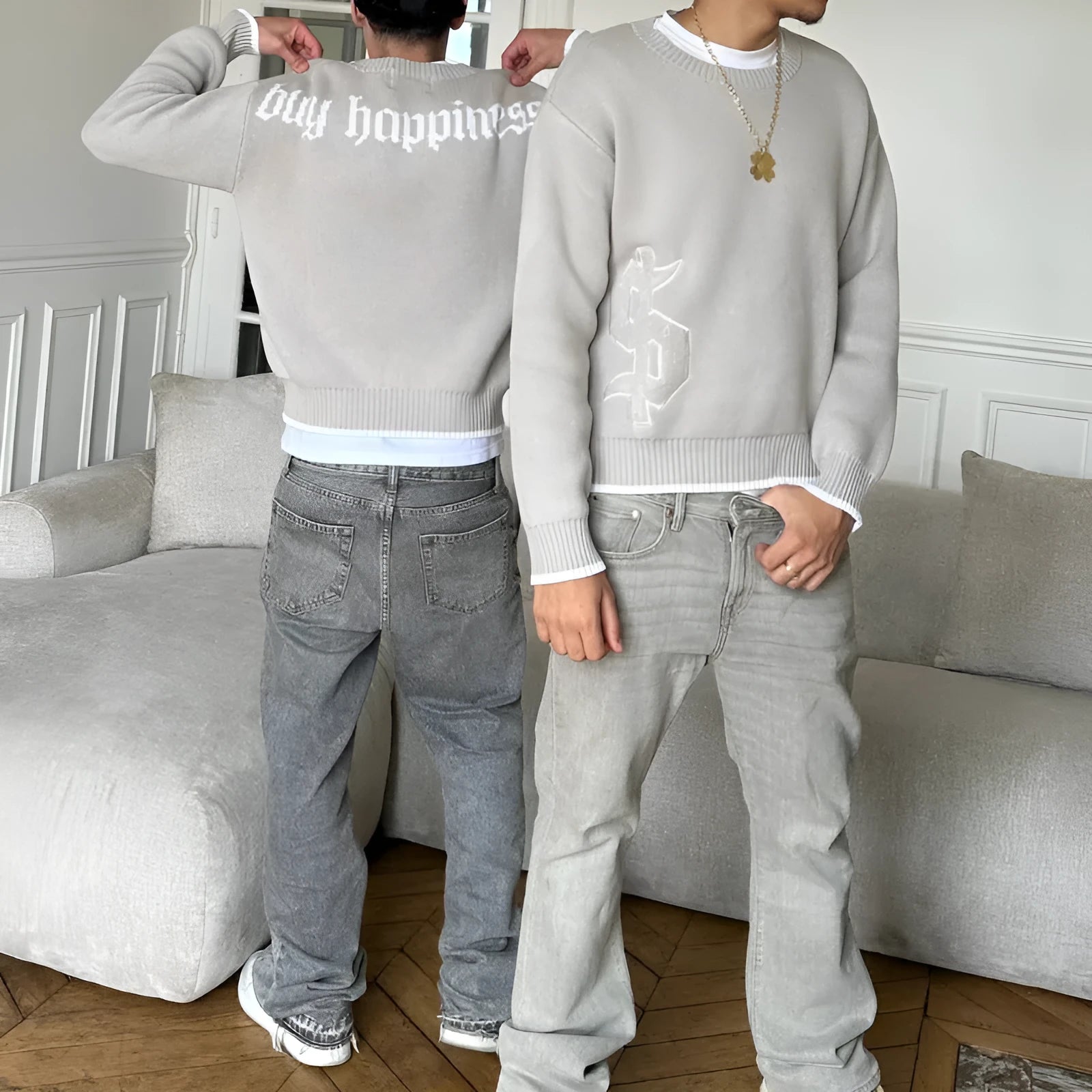Grey jacquard loose-fitting knitwear coat with long sleeves for autumn and winter