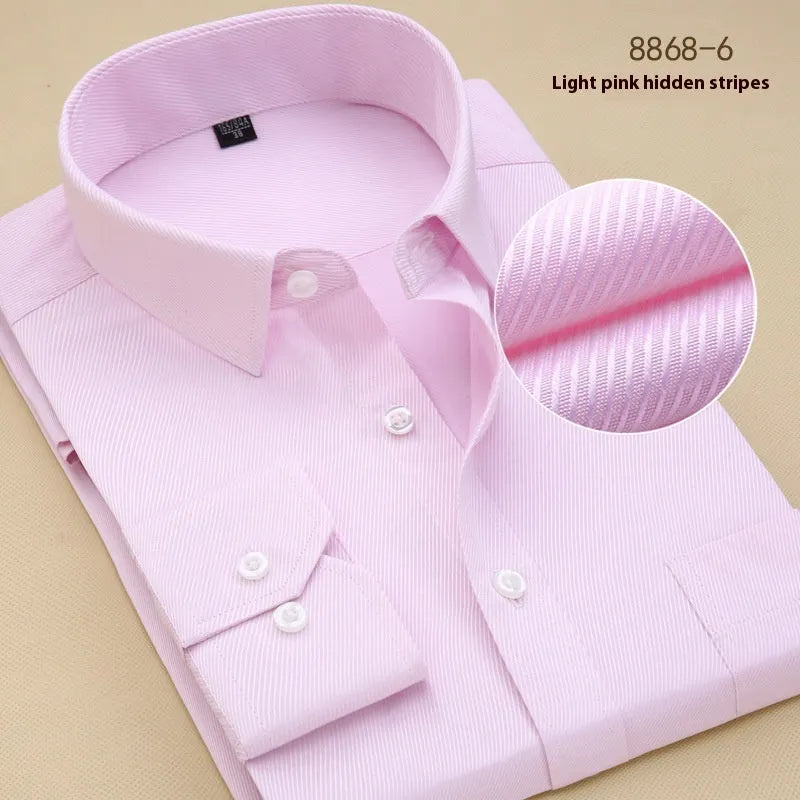 Men's black long sleeve cotton business shirt with a regular slim fit on a hanger.