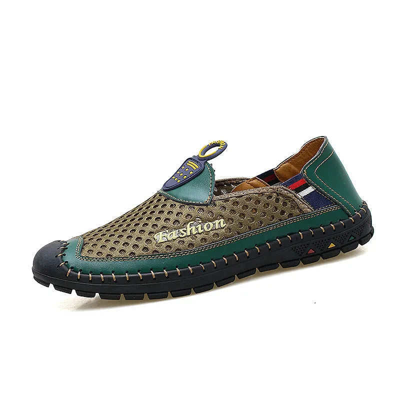 Men's brown breathable mesh casual shoes with round toe and non-slip rubber sole