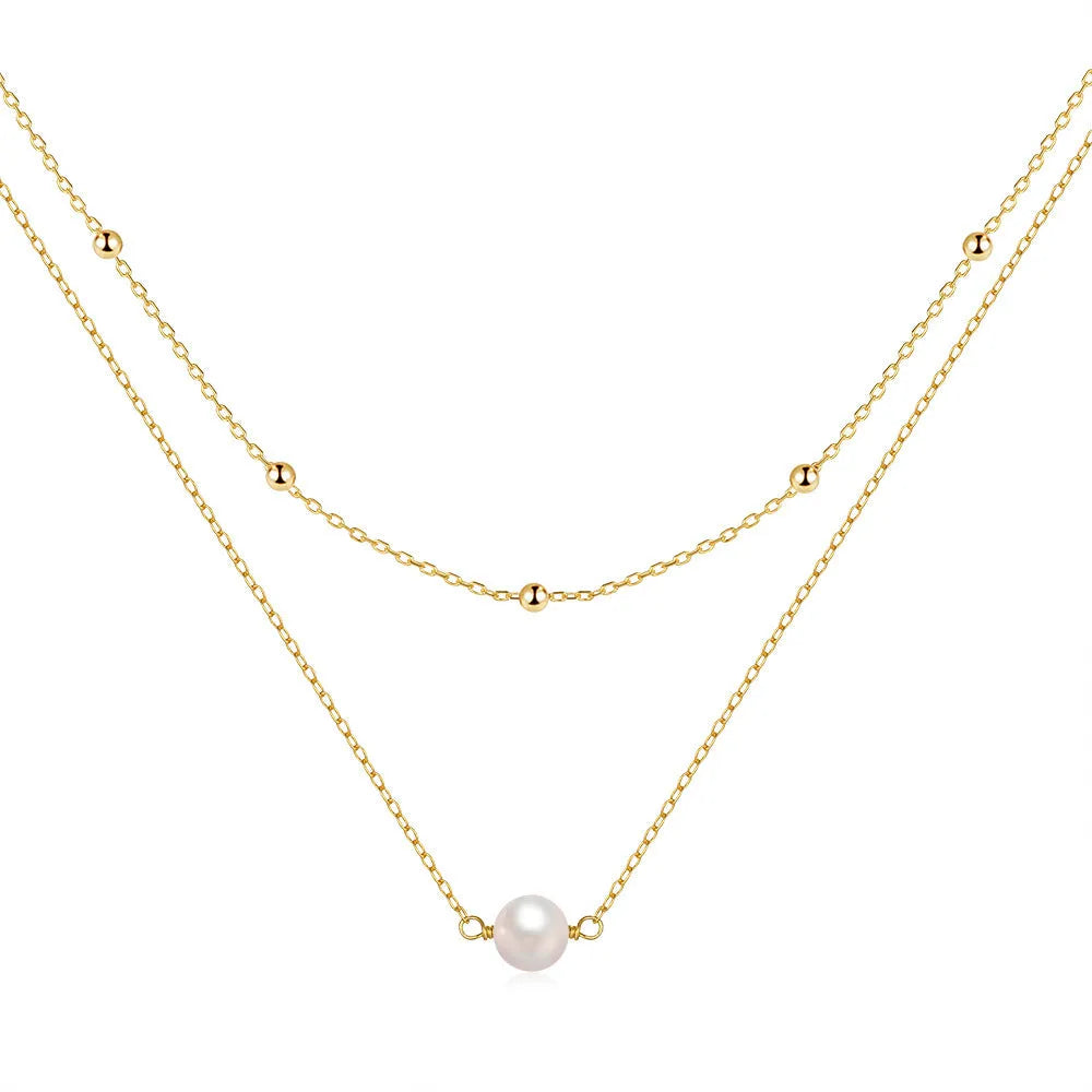 S925 sterling silver women's double layer pearl necklace with ball bead chain in gold colour