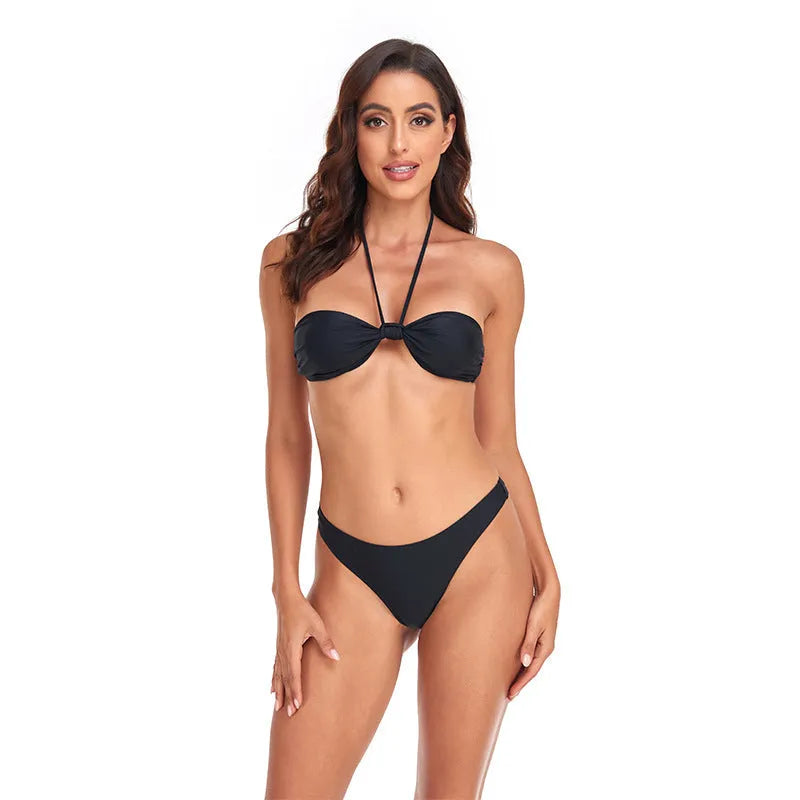 Black women's bikini set with lace-up front tube top and matching briefs