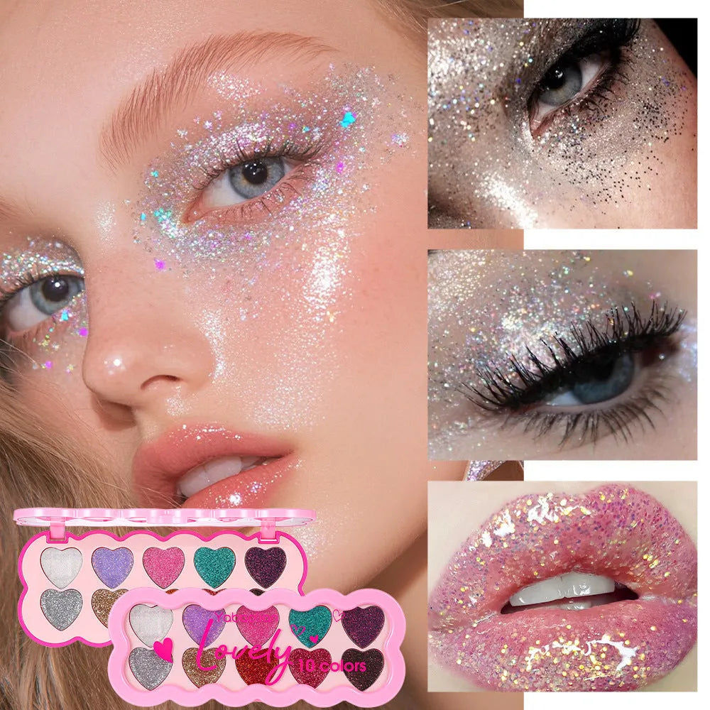 Pearlescent heart shaped ten-colour sequins eye shadow palette with universal skin type compatibility