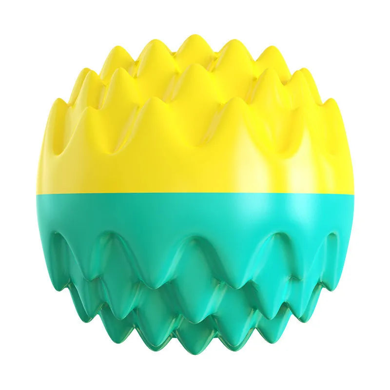 Blue and orange squeaky dog ball toy with spiky texture for dental cleaning and durable rubber construction