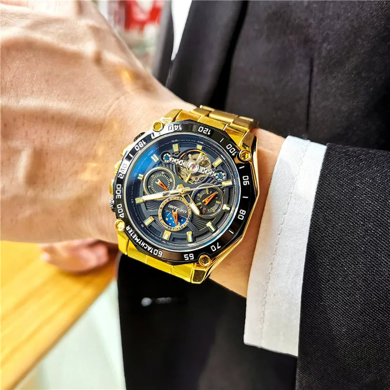 Men's automatic mechanical casual watch with a 12mm thick case in various colour finishes.