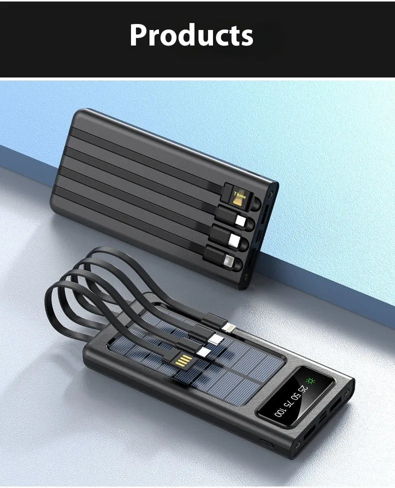 Solar power bank with integrated cables showing black plastic shell and solar panel