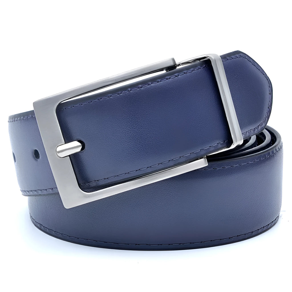 Men's dark brown and black genuine leather belt with a rotating alloy pin buckle