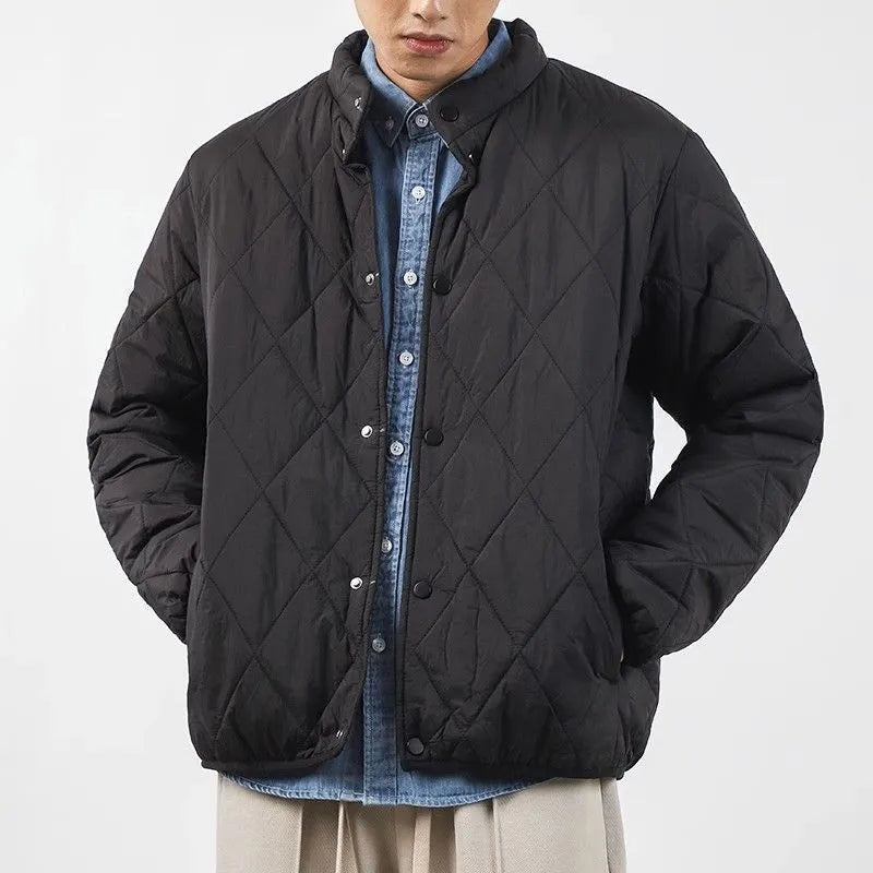 Men's black diamond lattice quilted winter jacket with a lengthened 100cm fit.