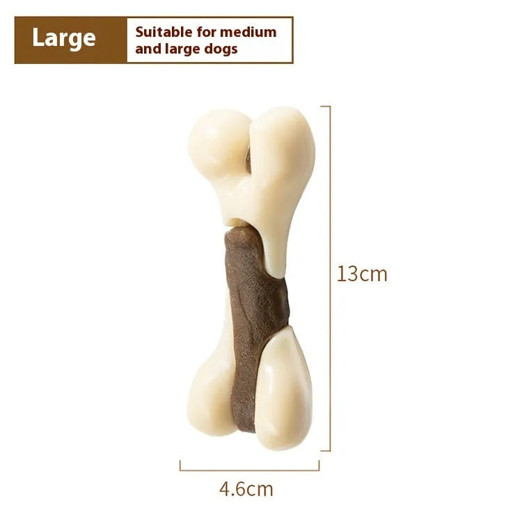 Eating and Playing Series bone-shaped dog chew toy in two sizes, made from brown cowhide and nylon.