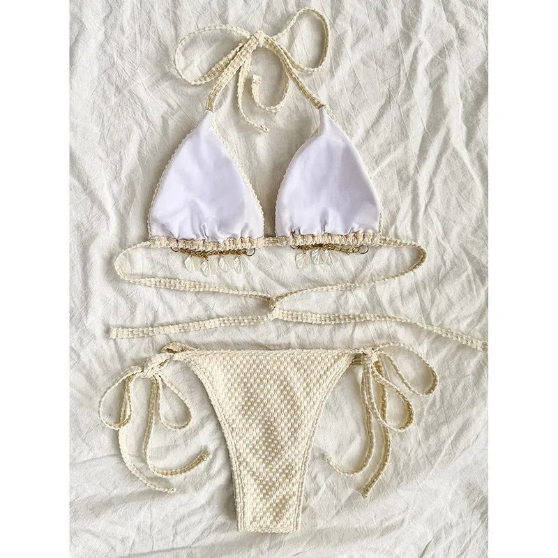 Women's halter lace-up bikini set in polyester, available in Milky White, Green, and White, sizes S to XL
