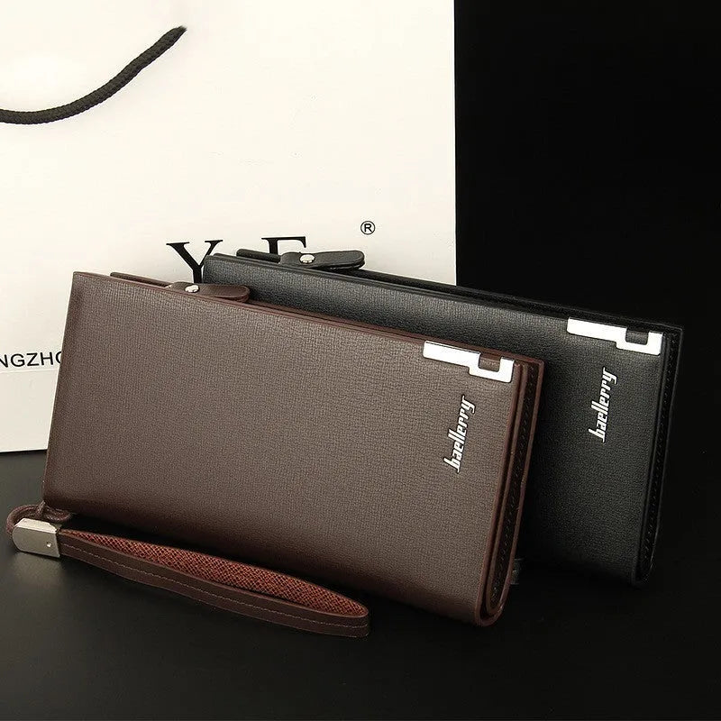 Men's black PU leather wallet with multiple card slots and zipped coin compartment