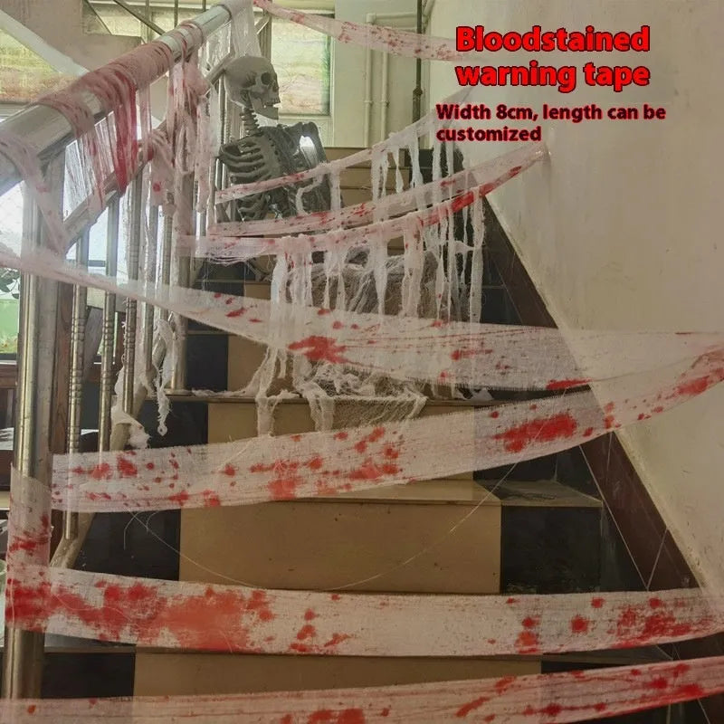 Roll of red Halloween horror gauze bandage with bloody dye effect, 8cm wide.