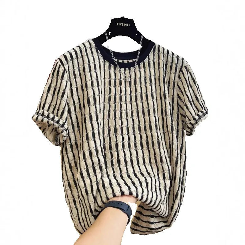Black striped men's loose-fit short sleeve casual shirt made from linen and silk fabric