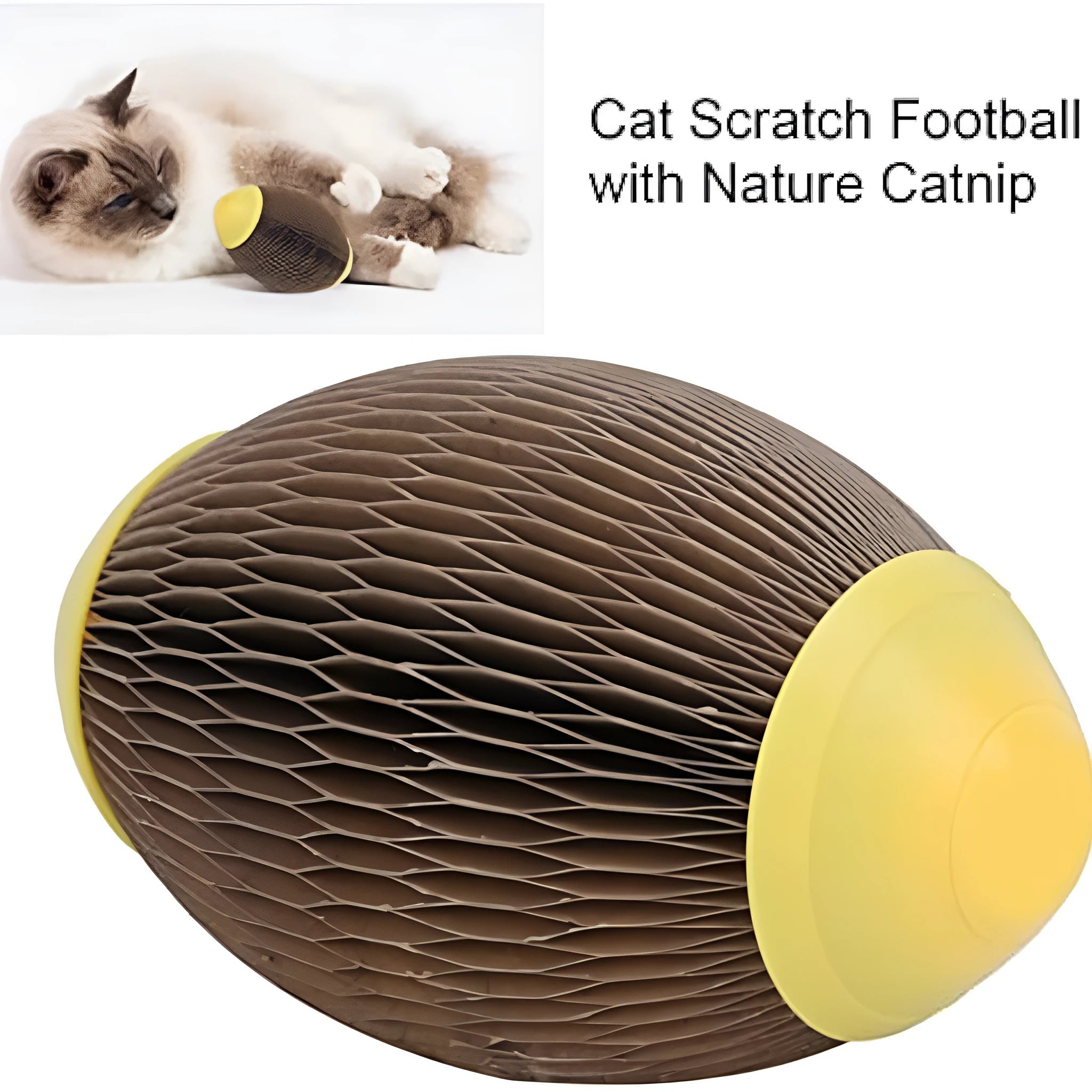 Ellipse-shaped catnip ball toy made from recycled corrugated paper with scratch surface