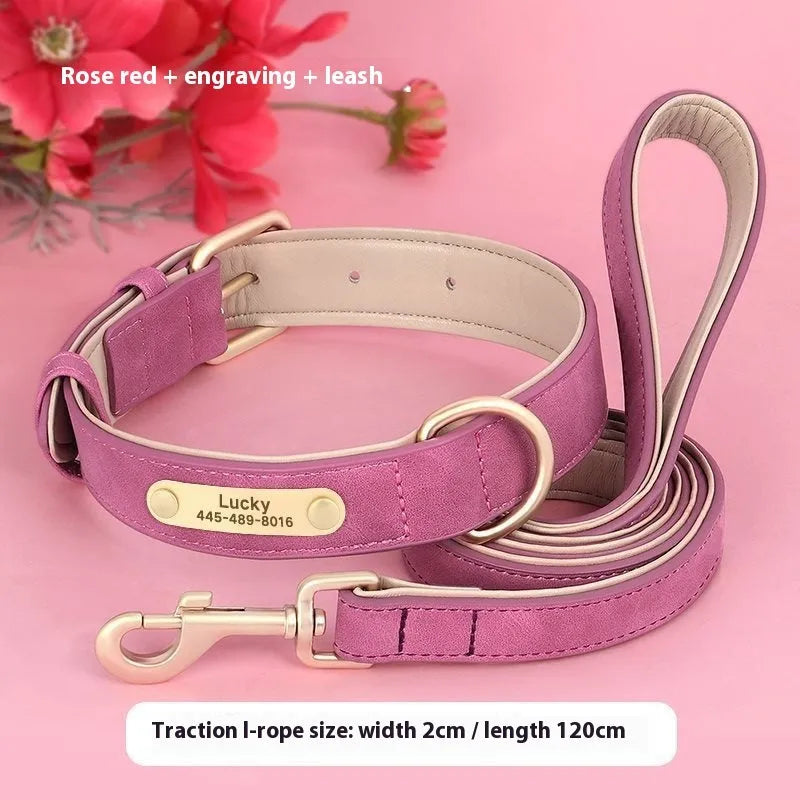 Blue double-layer leather dog collar and matching leash on a tan background
