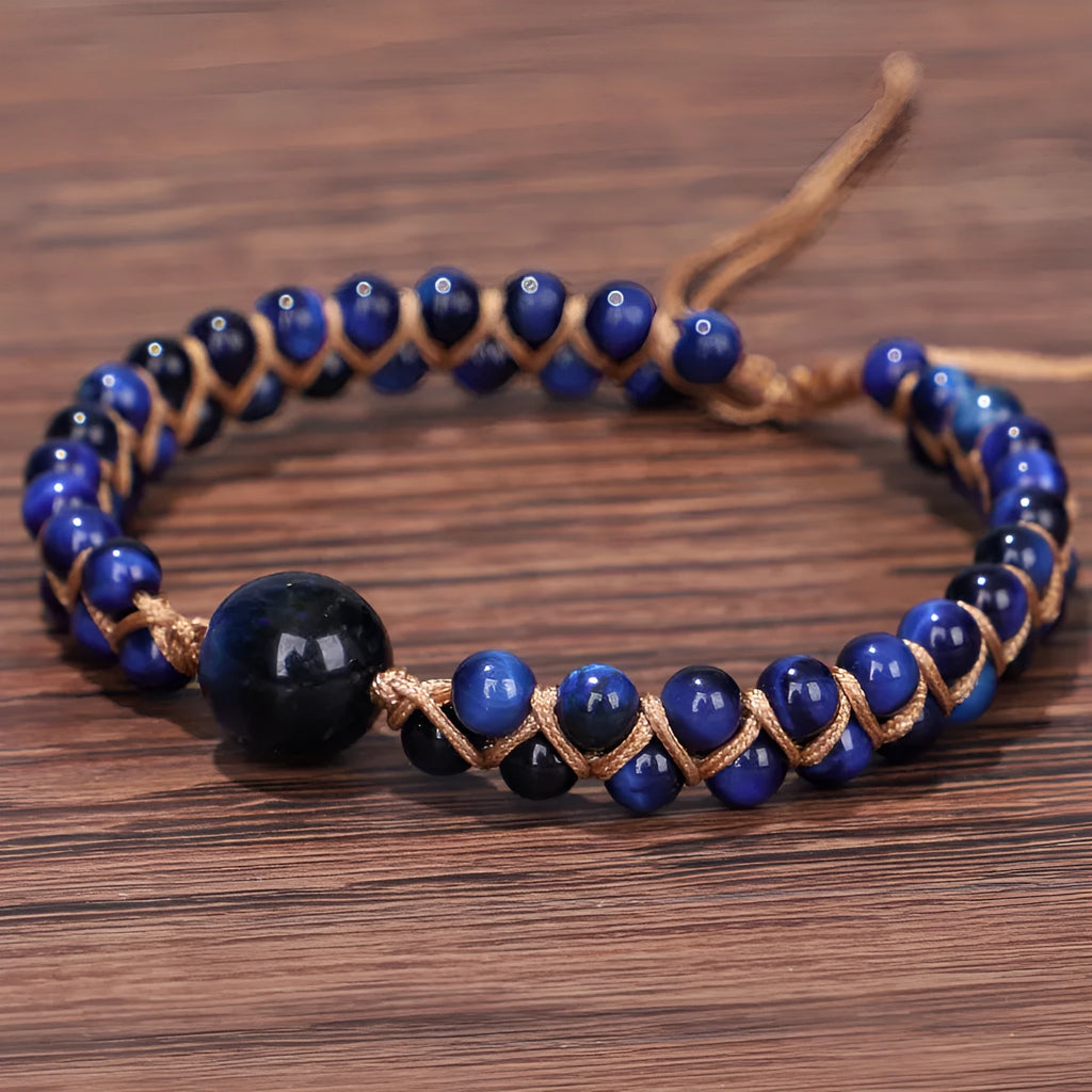 Handmade woven geometric pull bracelet with Tigereye stone beads in blue or amethyst colours