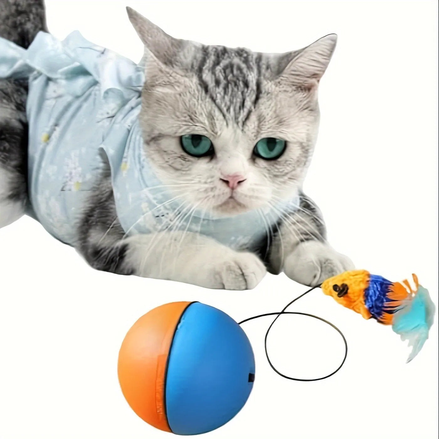 Grey and orange interactive cat toy ball plush mouse measuring 8.5cm