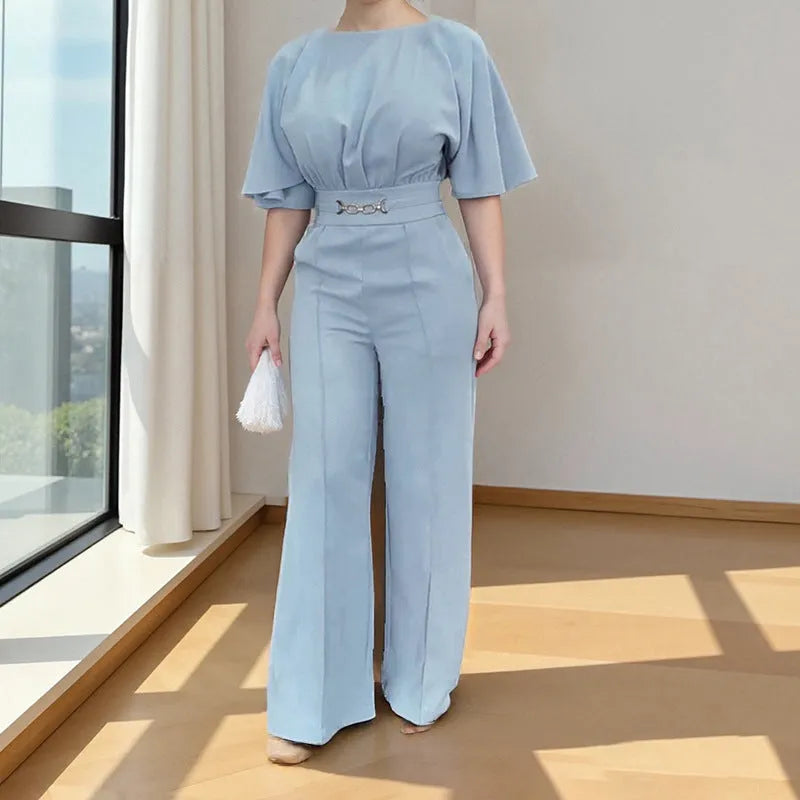 Blue polyester formal suit set with long-sleeve jacket and matching trousers in European American style
