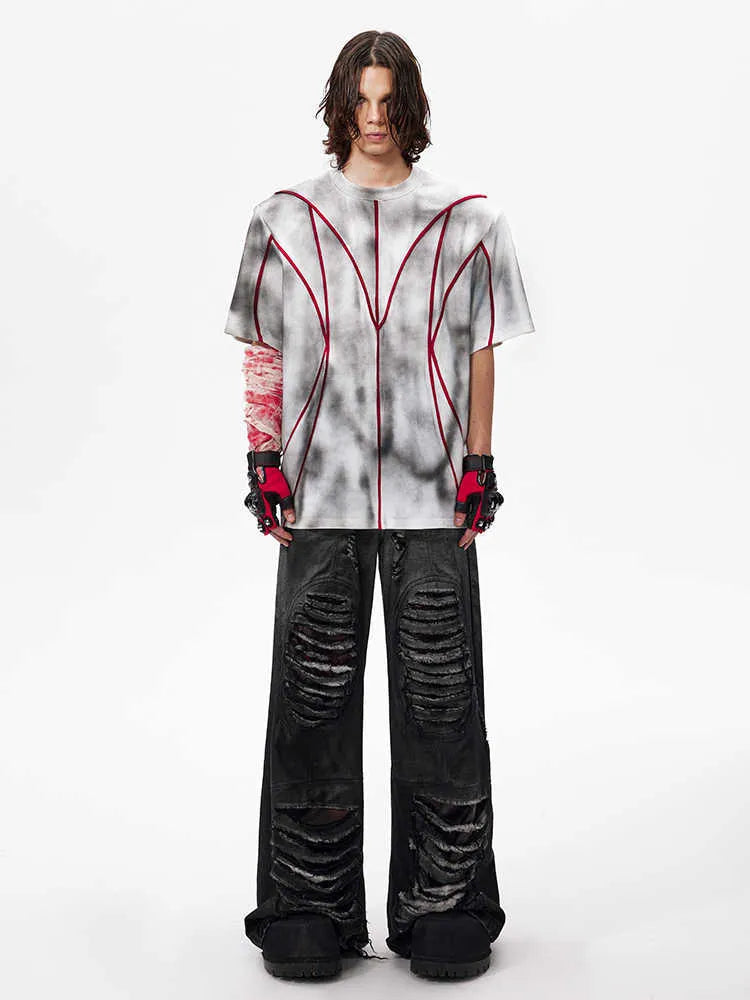 Women's padded shoulder T-shirt with textured line patchwork detail on the front.