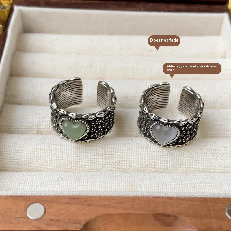 Adjustable heart ring in silver-plated white copper with retro moon design