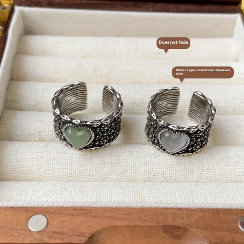 Adjustable heart ring in silver-plated white copper with retro moon design
