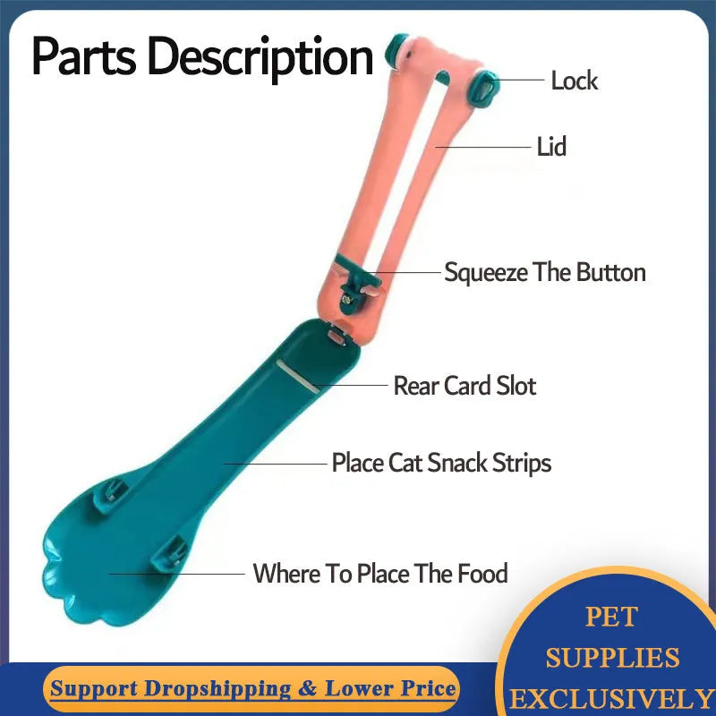 Green and pink pet food scooper spoon with squeezer handle and extruded feeder tip for dispensing treats.