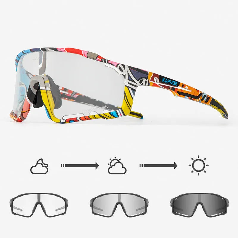 Photochromic cycling sports goggles with TR90 frame and semi-rimless design shown in multiple colour options.