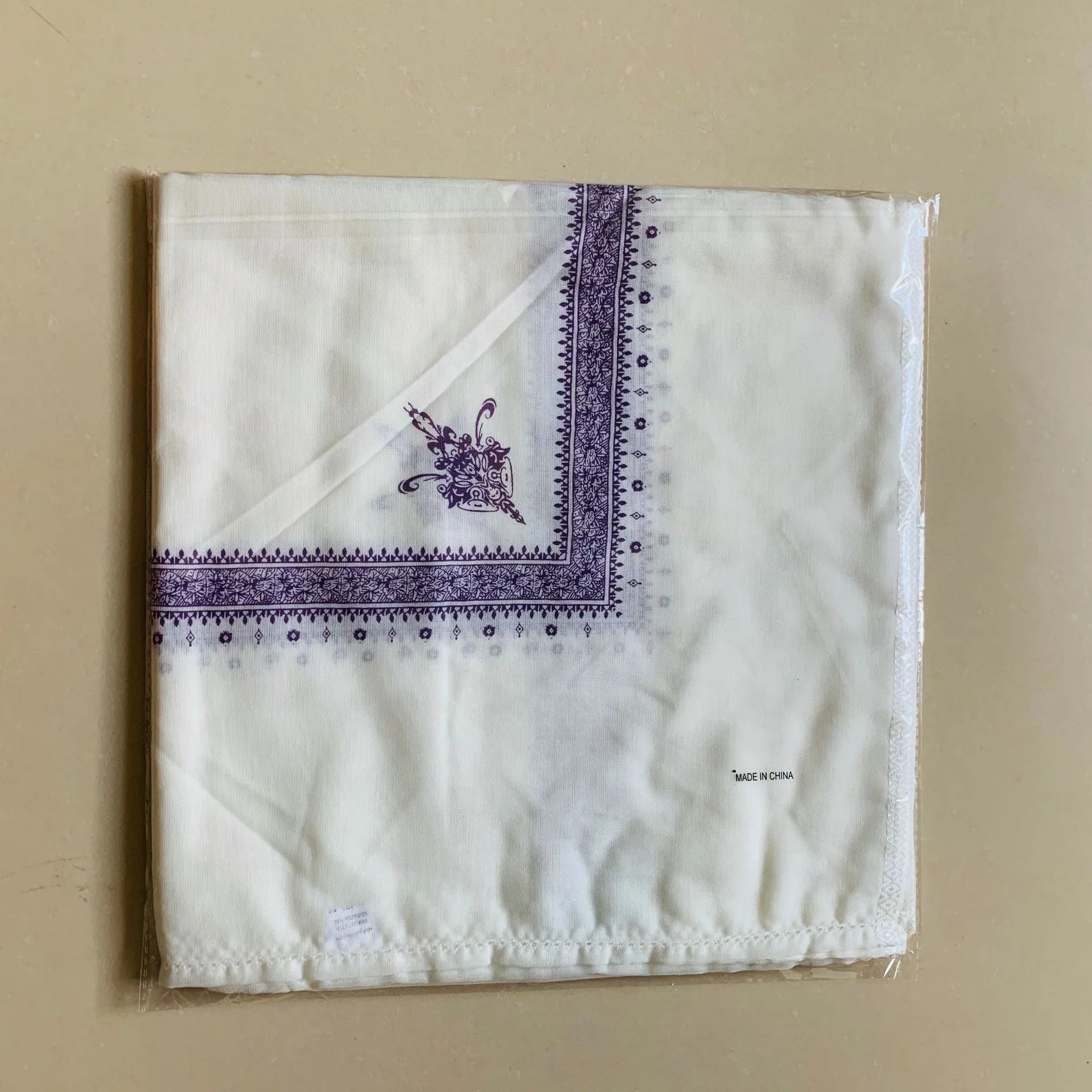 Printed square polyester scarf showing coffee colour option laid flat to display 138cm dimensions
