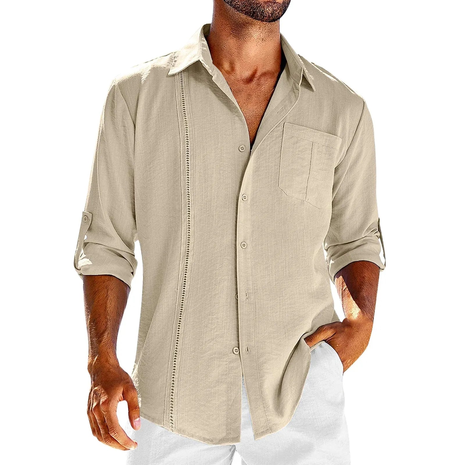 A man's solid-colour long sleeve casual shirt with a polo collar, button front, and chest pocket.